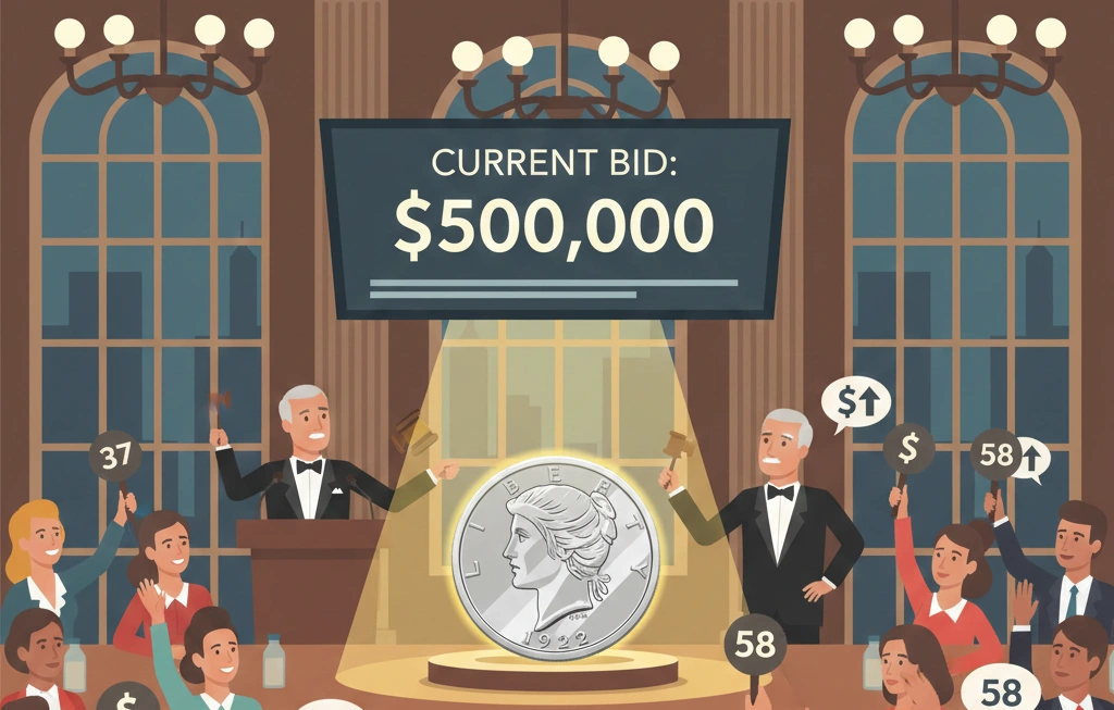 Auction hall moment where a Peace dollar attracts multiple bidders