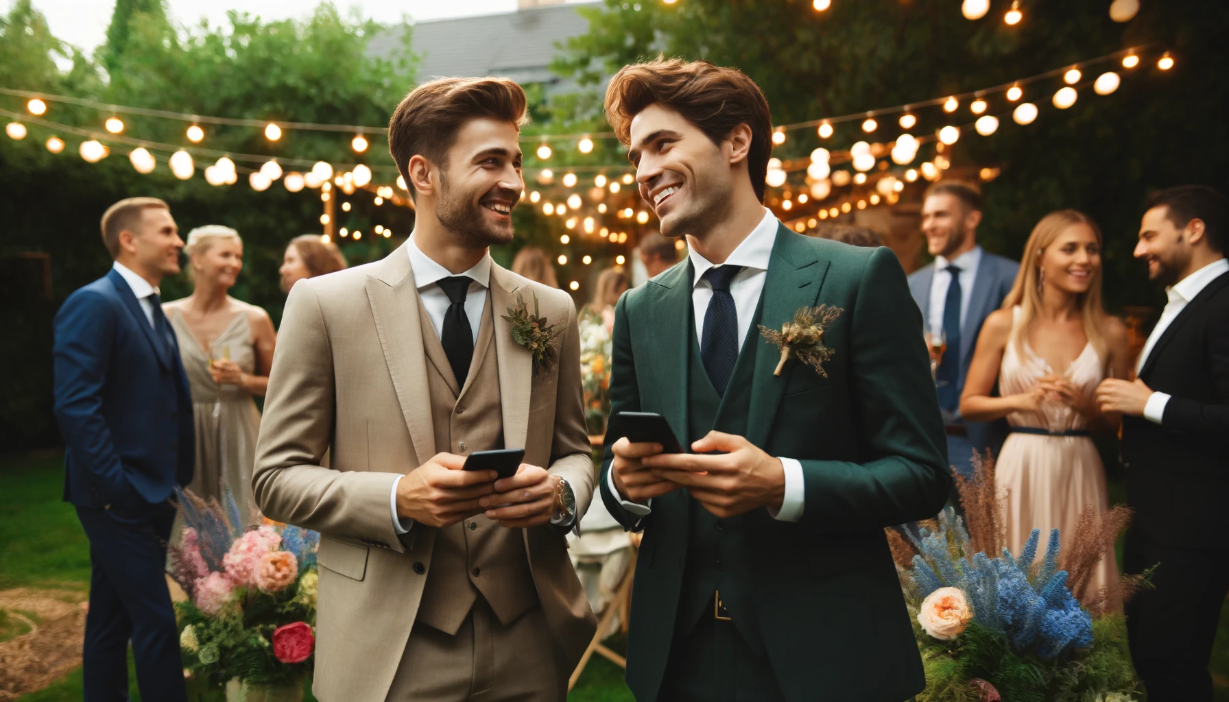 two male guests talking in a garden setting at a wedding, both holding smartphones.