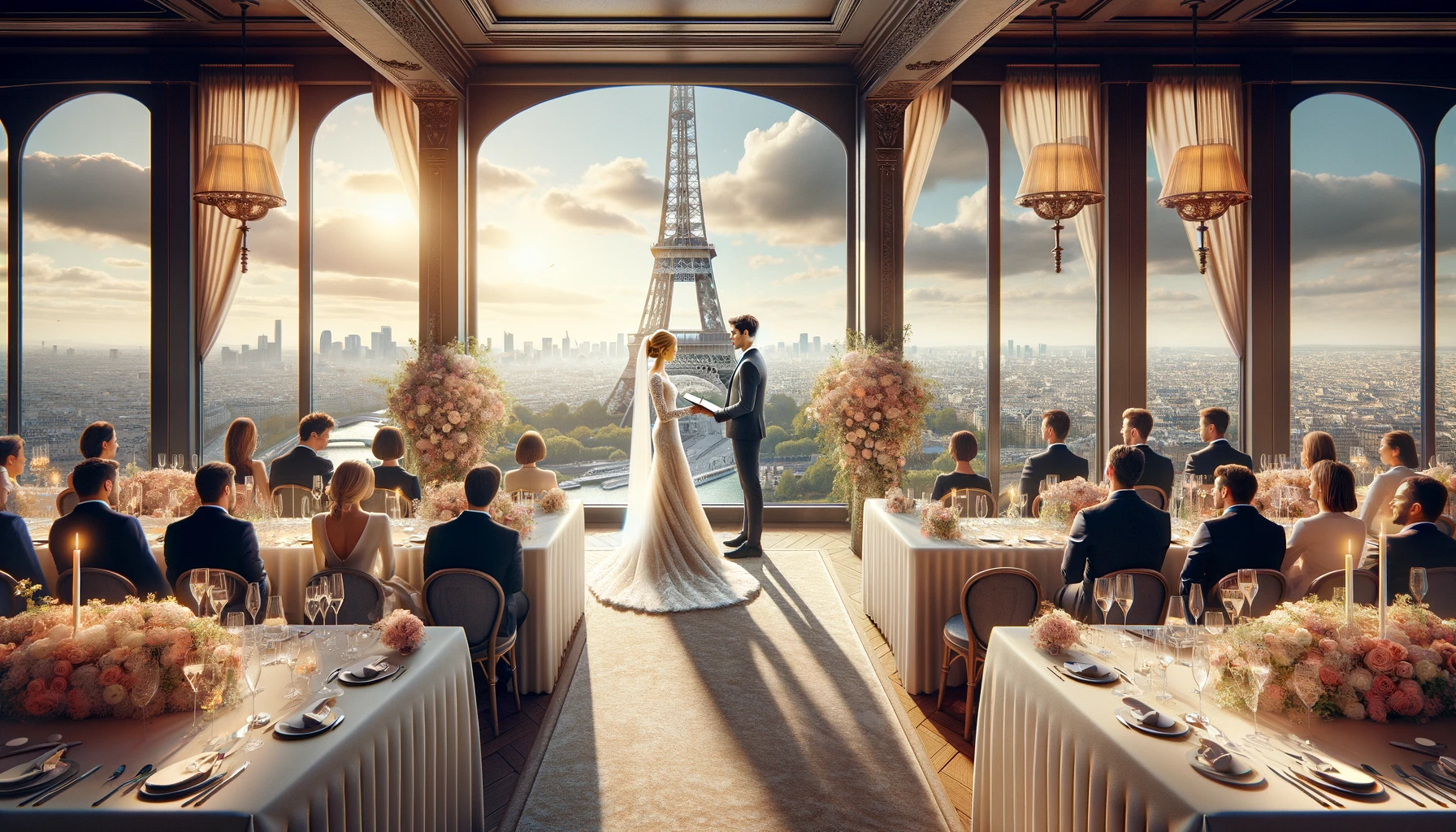 a romantic wedding ceremony in the Eiffel Tower's private reception room with panoramic views of the Paris skyline.