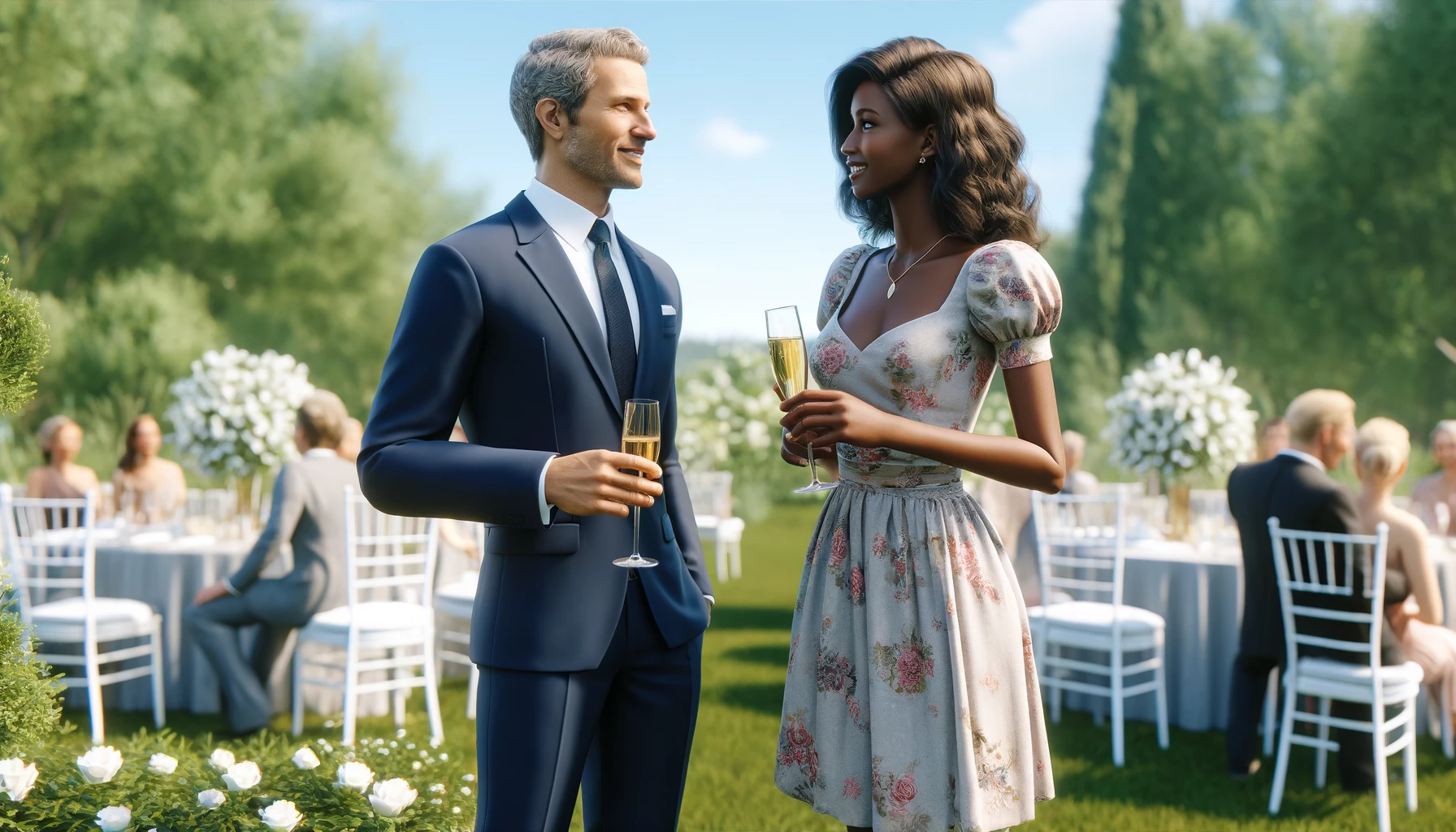 two guests, a middle-aged Caucasian man and a young African American woman, engaging in conversation at an outdoor wedding.