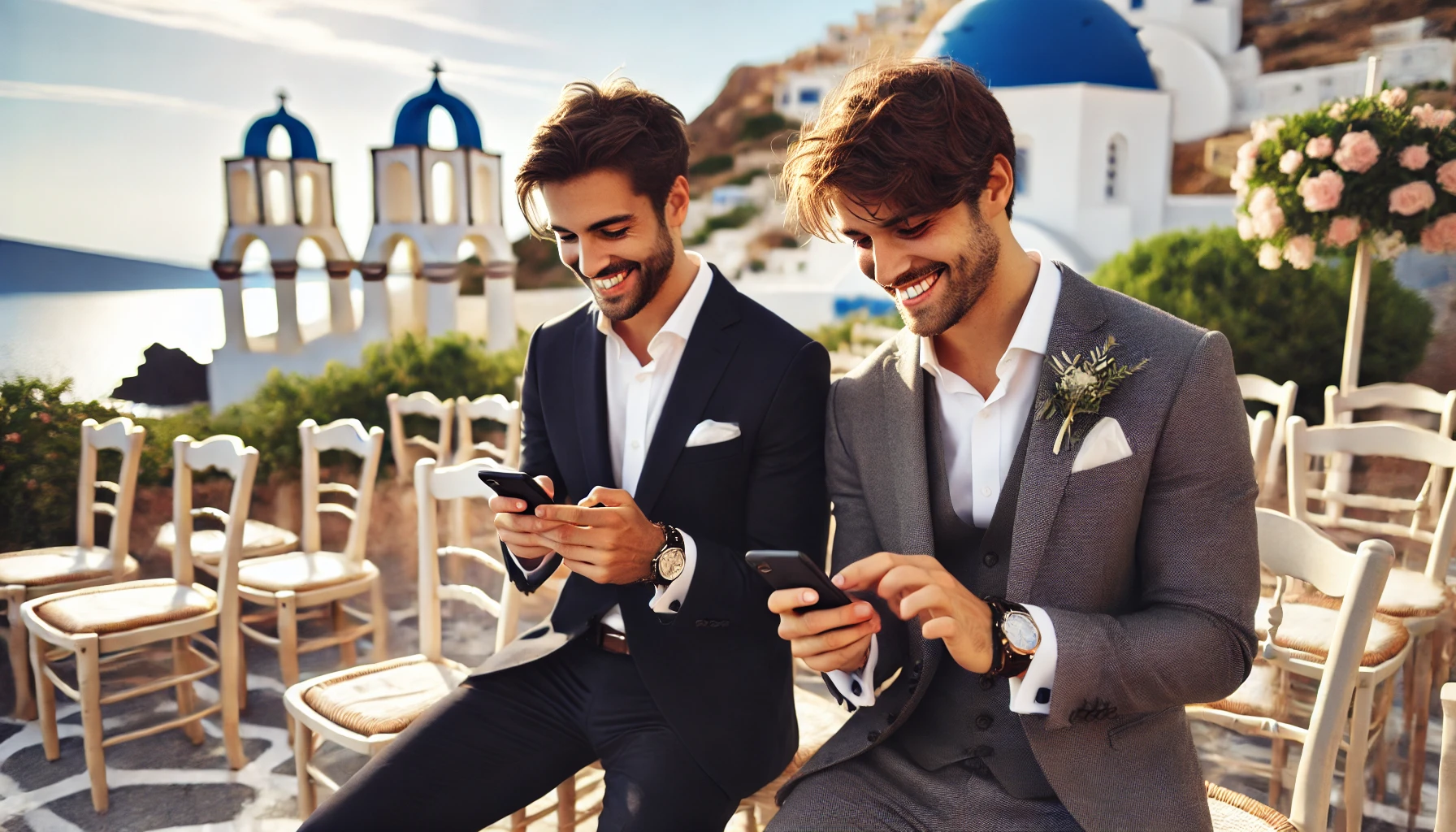 Two smiling wedding guests, dressed in semi-formal attire, using their phones while waiting for a ceremony. The scene is set in a outdoor location in Greece, with beautiful views of the ocean and iconic whitewashed buildings with blue domes in the background.