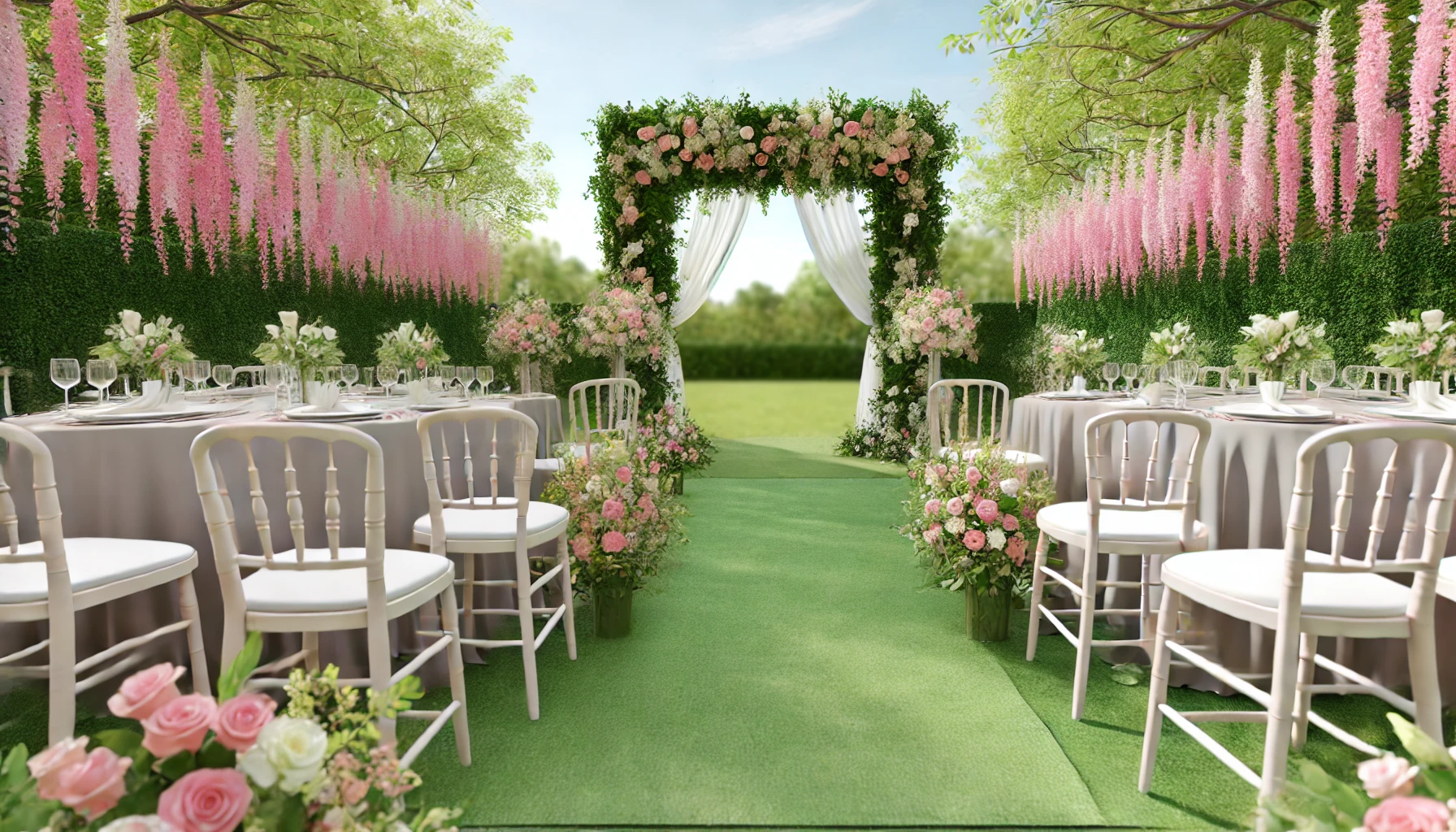 a beautiful outdoor wedding setup with a floral theme. The venue features a stunning floral arch, lush greenery, and pastel-colored flowers decorating the tables.