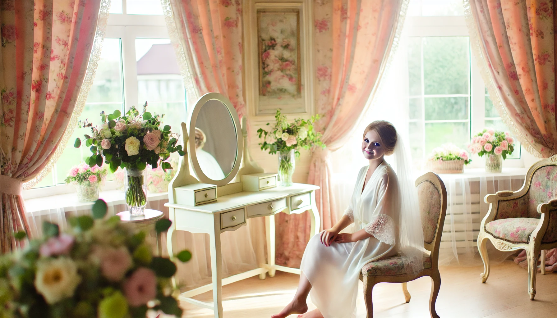 A serene bride getting ready for her wedding day in a beautifully decorated room with soft pastel colors.