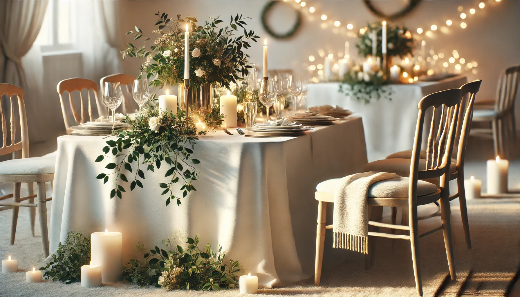 a stylish wedding reception setup with a simple, elegant table setting. 
