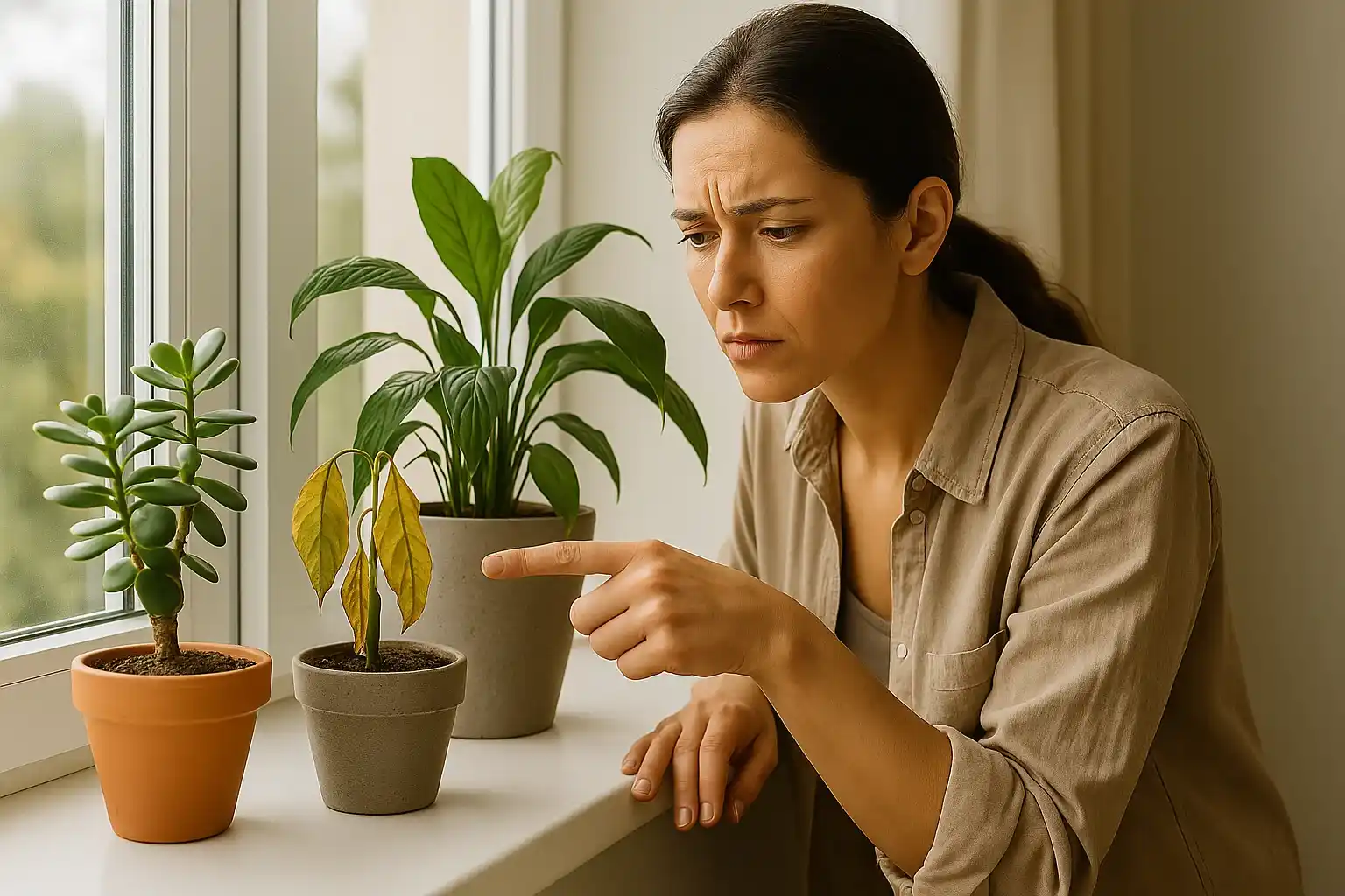 A woman points with concern at a wilting plant placed between two thriving ones, showing the effects of poor plant compatibility.