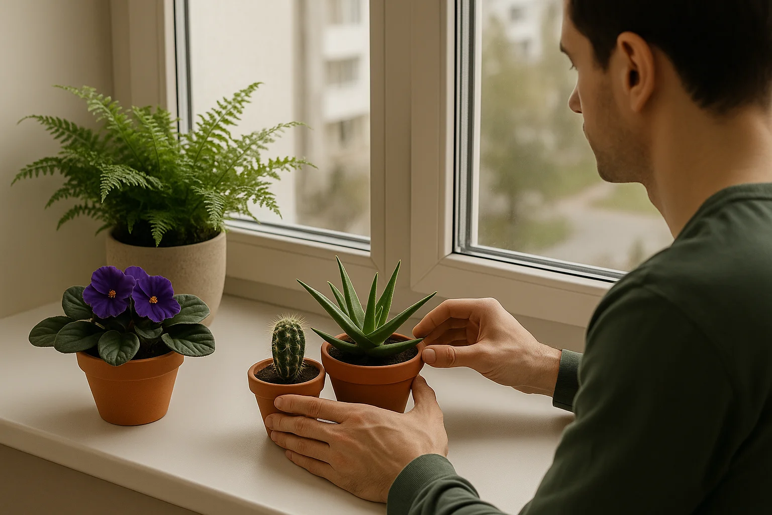 A man carefully arranges aloe and cactus together while keeping violet and fern apart, creating a balanced mini-ecosystem on his windowsill.