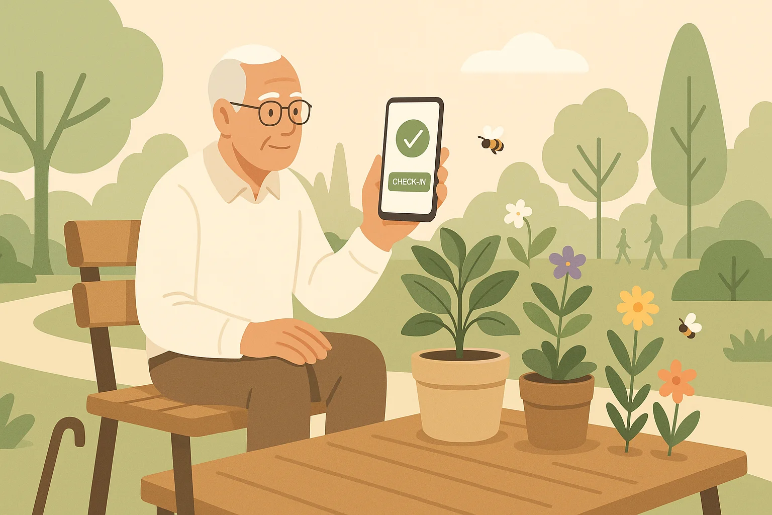 An elderly person in a park sends his relatives a location check-in.